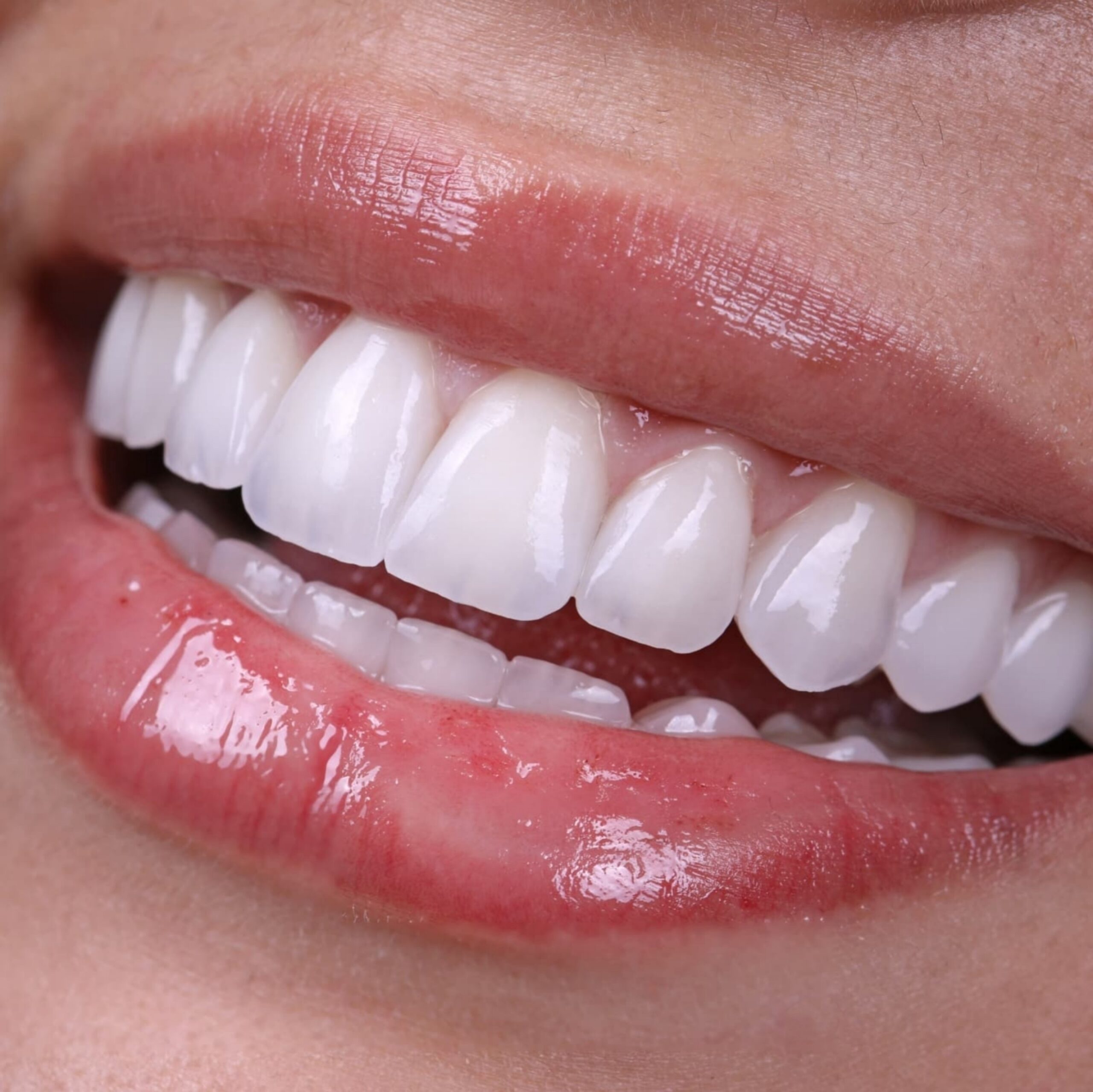 Close-up of a bright, natural smile after dental veneers in Lowell, MA