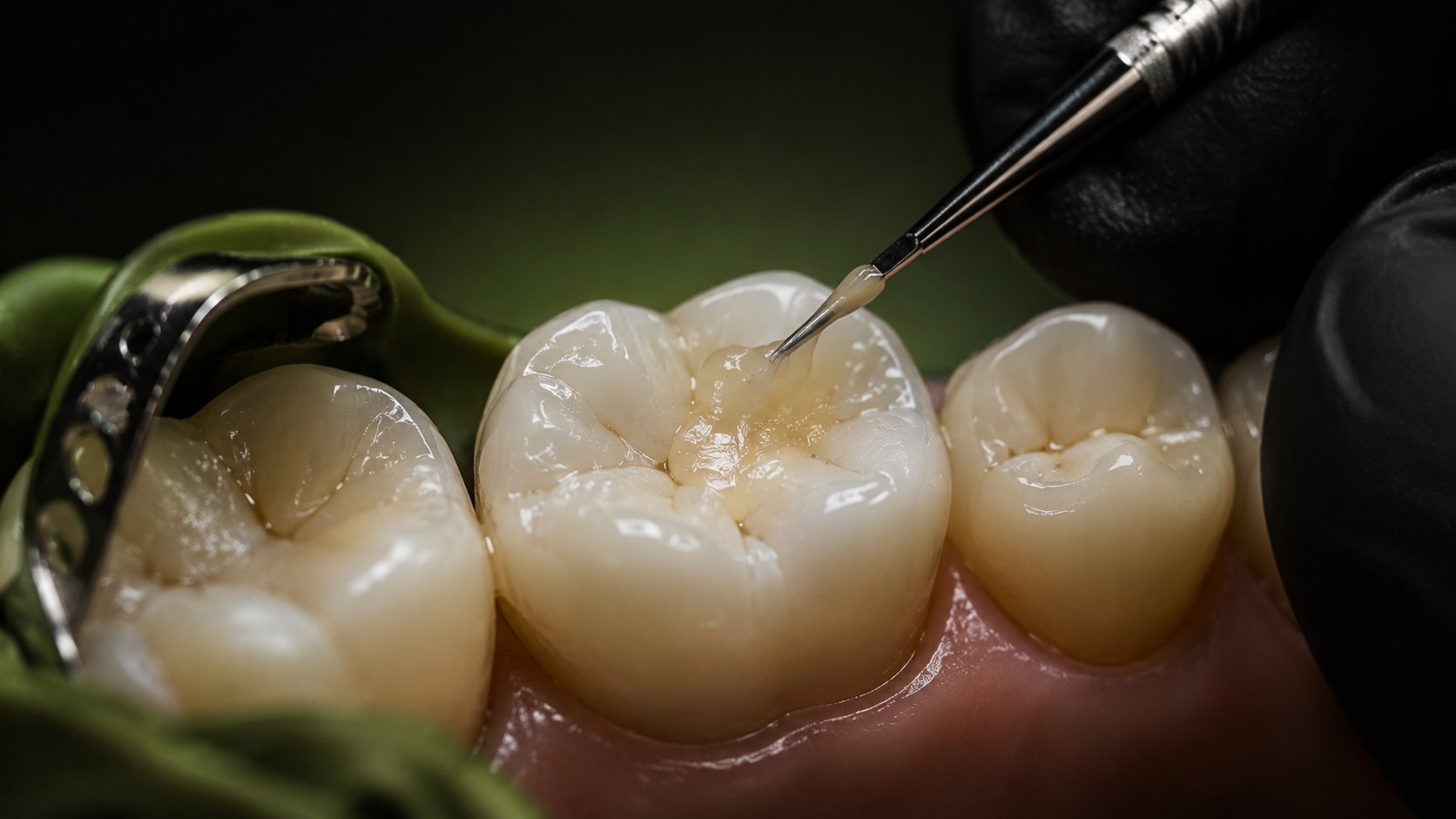 Dentist placing a tooth-colored composite filling on a molar